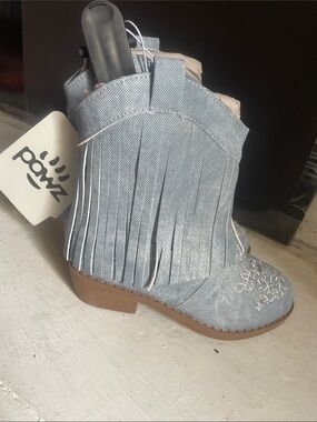 Kids Denim-Style Fringe Western Boot in Light Blue and Brown